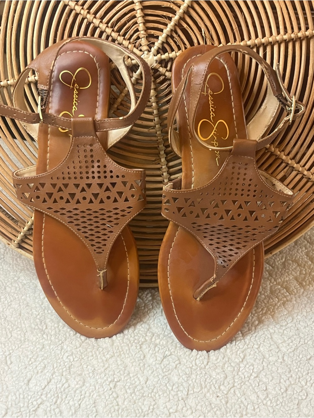 Jessica Simpson Tan Brown Laser-Cut T-Strap Sandals